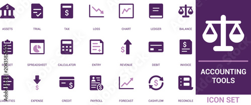 Accounting tools vector glyph icon set. Featuring financial bookkeeping ledger, business revenue audit and tax balance graph.