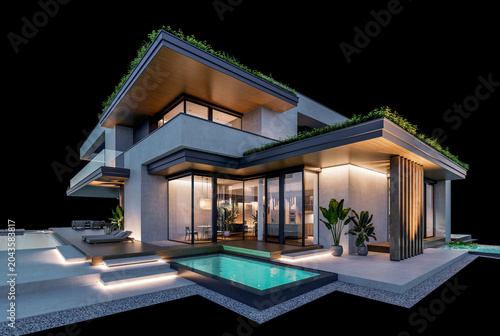 3d rendering of two-story house with parking and pool for sale or rent with concrete facade and beautiful landscaping on background. Clear night isolated on black