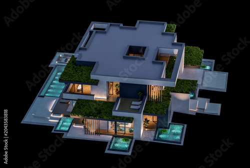 3d rendering of two-story house with parking and pool for sale or rent with concrete facade and beautiful landscaping on background. Clear night isolated on black
