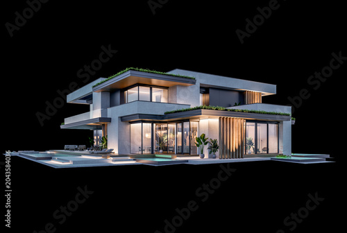 3d rendering of two-story house with parking and pool for sale or rent with concrete facade and beautiful landscaping on background. Clear night isolated on black