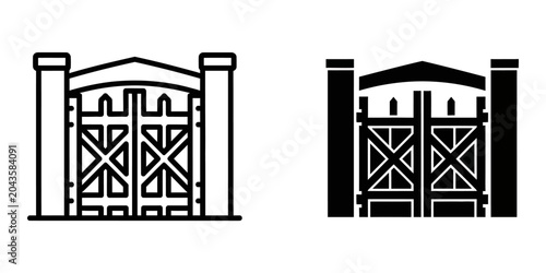 Foto Ornate double gate with stone pillars and decorative cross bracing set against a