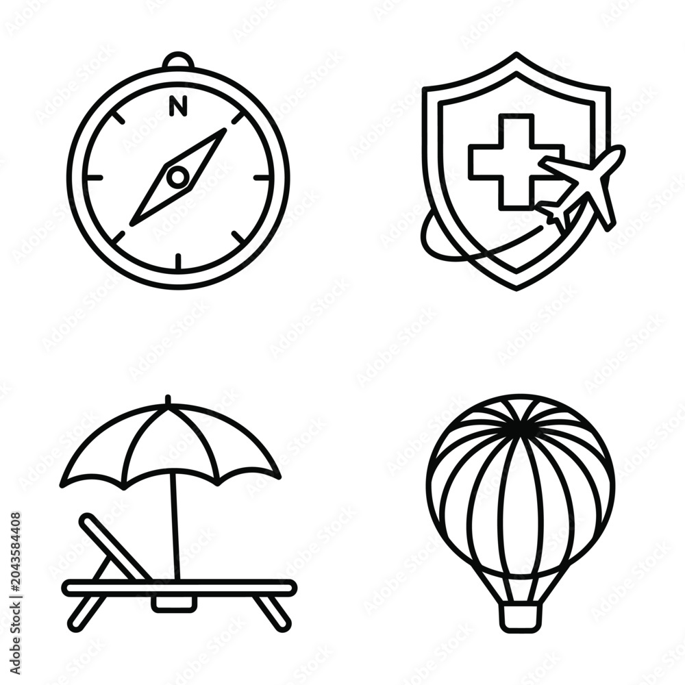 Fototapeta premium Travel safety and leisure line icons including compass medical insurance and balloon hot air balloon insurance