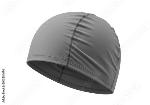 Charcoal grey knitted beanie hat, side view, detailed stitching isolated white background