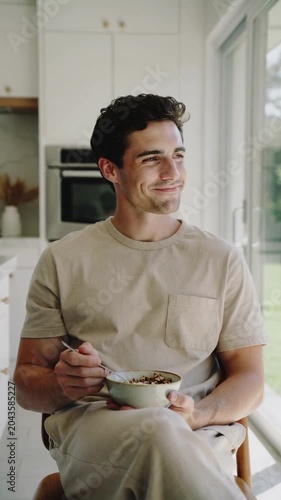 Young man in beige t-shirt eating bowl of granola in modern kitchen interior, medium shot