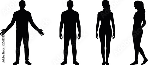 Fotografie male and female body silhouette figures isolated vector set, human anatomy stand
