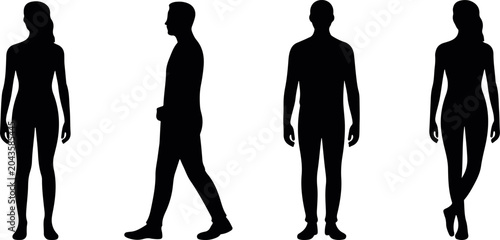 human walking and standing human silhouette figures vector collection, people posture and movement icon set isolated design, male and female character silhouettes bundle