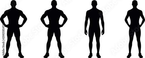 athletic male silhouette standing poses isolated vector set, muscular body figure collection for fitness graphics, strong human character posture icon bundle