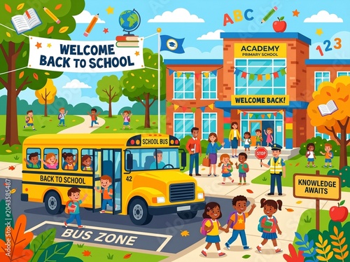 Children boarding school bus in front of elementary school building on first day of classes with cheerful welcome banners