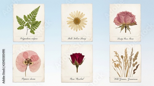 Set of six vintage botanical illustrations of pressed flowers and plants