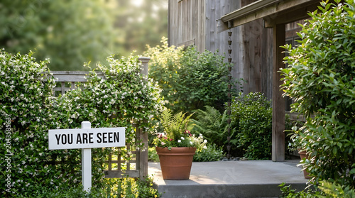 Sign reading you are seen placed among blooming jasmine vines and lush greenery in a sunlit garden.