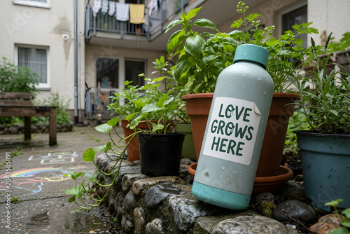 Green reusable water bottle with 'love grows here' sticker on stone wall.