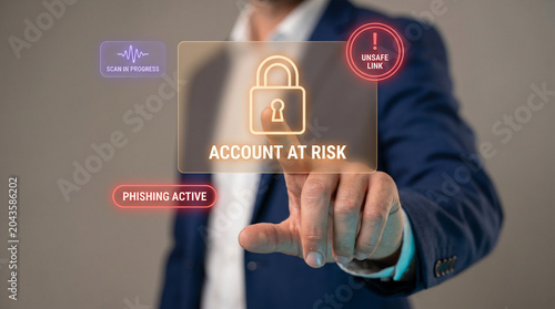 Businessman Addresses Account Risk Warning on Holographic Panel to Investigate Phishing Activity, Assess Unsafe Links, and Initiate Security Scan, Focusing on Proactive Defense and Threat Response