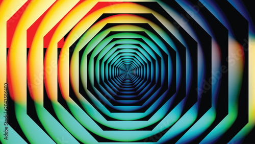 Canvastavla Cyan Blue Red Octagonal Tunnel Vortex Abstract Background, Neon Geometric Spiral
