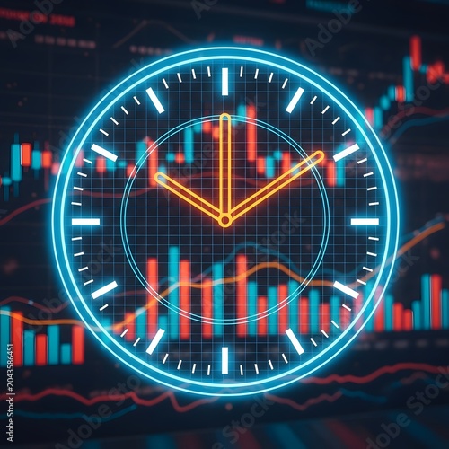 Neon clock on stock market graphs background