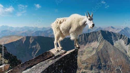Mountain goat standing on rocky cliff with panoramic mountain range background under clear blue sky