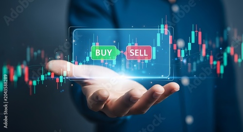 Stock market trading concept with buy and sell buttons