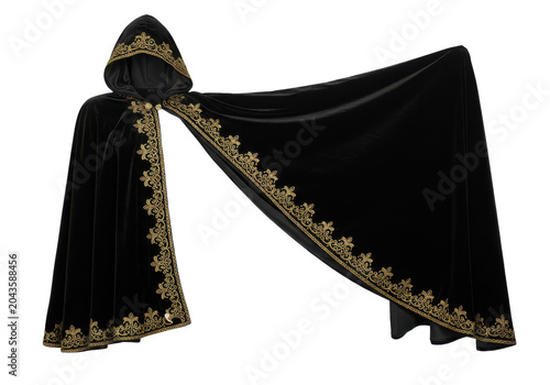 Elegant black velvet cloak with gold embroidery, flowing and hooded design isolated white background