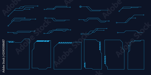 Futuristic HUD callout lines and sci-fi UI frame elements. Vector illustration of neon blue cyber tech pointers and digital text box borders representing gaming interface template.