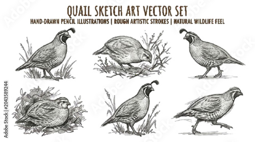Quail sketch art vector set, hand-drawn pencil style quail illustrations, rough artistic strokes, natural wildlife feel, white background

