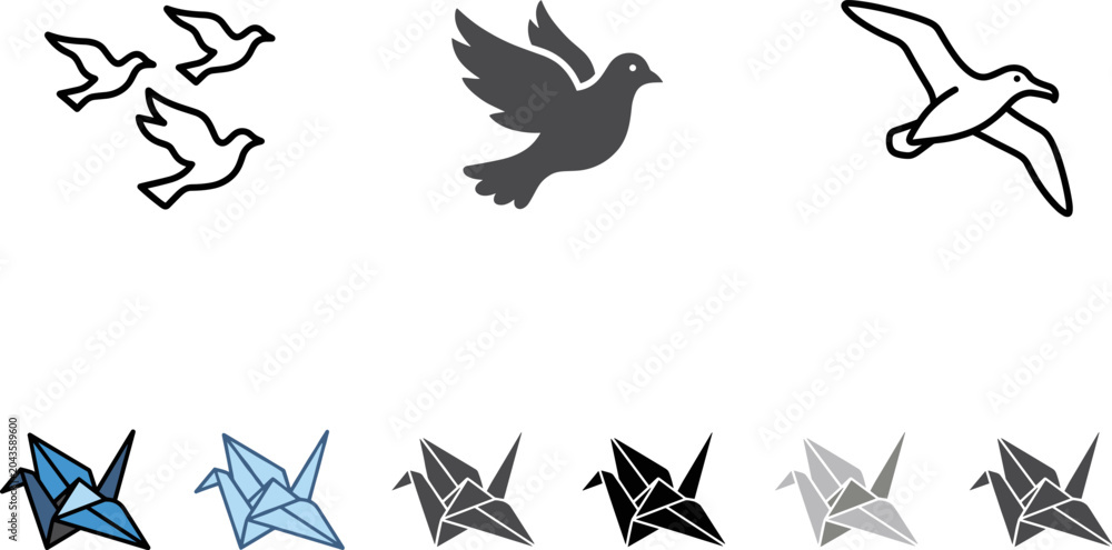 Obraz premium Flying Birds and Origami Paper Crane Icon Set for Peace, Freedom, and Creative Craft Design Projects