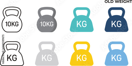 Valokuva Heavy Weight and Kettlebell Icon Set with Kilogram Calibration Units for Fitness
