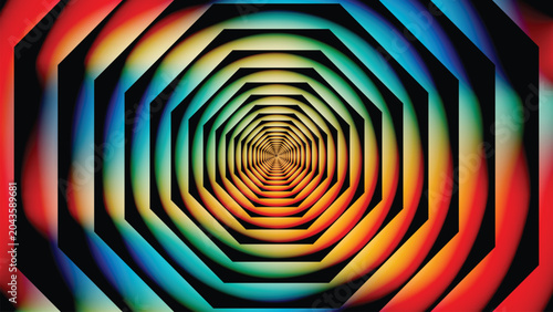 Foto Blue Teal Orange Octagonal Tunnel Vortex Abstract Background, Neon Geometric Spi