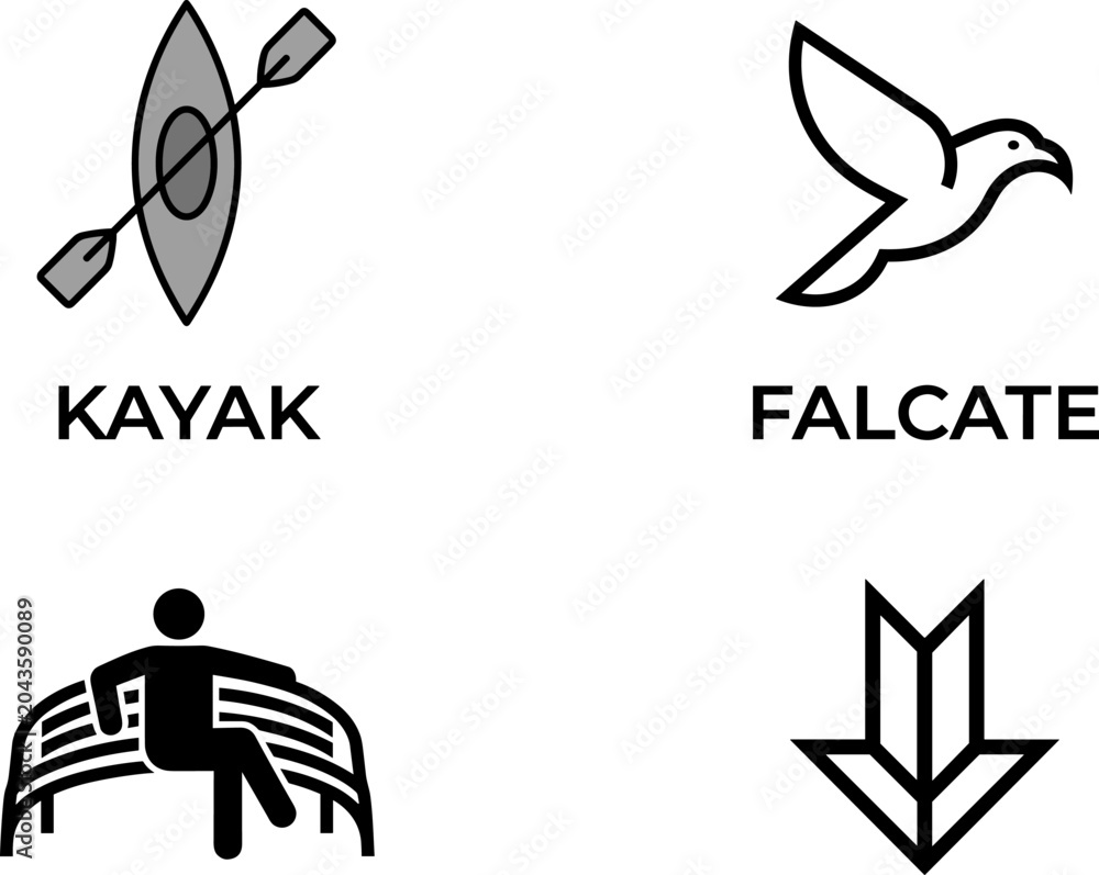 Fototapeta premium Outdoor Lifestyle Icon Set Featuring Kayak Flying Falcate Bird Sitting Person and Downward Arrow Graphic Elements