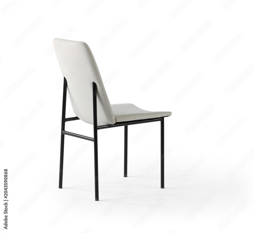 Obraz premium modern minimalist chair with a black metal frame and light grey fabric upholstery. 