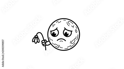 Fotografi A sad moon character holding a drooping flower in a simple line art style