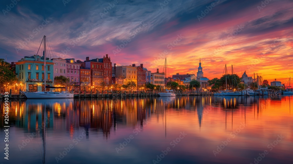 Fototapeta premium Colorful sunset over historic waterfront harbor with sailboats and reflections