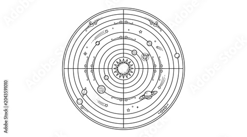Canvastavla A detailed black and white line art illustration of a heliocentric solar system model
