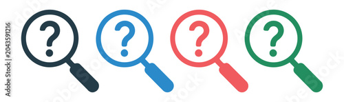 Bild auf Leinwand Question mark inside magnifying glass in multiple colors on transparent background representing inquiry and search