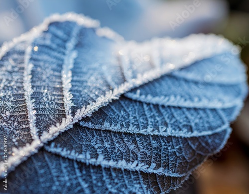 Close-up of frosted blue leaves with intricate ice crystal patterns.
