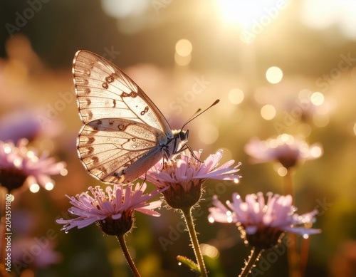 Butterfly on a flower in a field with golden hour sunlight.