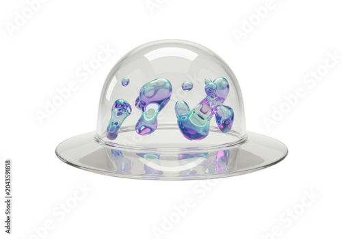 Iridescent liquid forms contained within a glass dome structure isolated white background