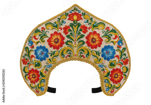 Ornate floral headpiece with vibrant colors and gold accents isolated white background