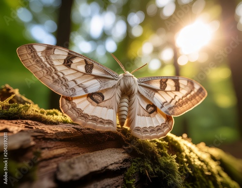Beautiful Moth with Translucent Wings Resting on Mossy Log in Sunlight.