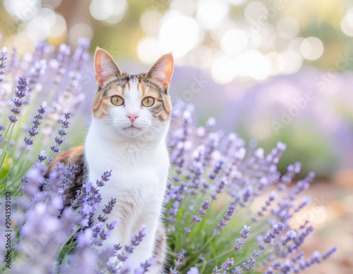 A beautiful tabby and white cat with striking amber eyes sits gracefully amidst a field of vibrant purple lavender flowers, bathed in soft, natural light.