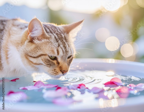 A beautiful tabby cat drinking water from a bird bath with rose petals.
