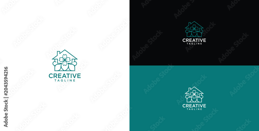 Fototapeta premium Sakura house abstract line vector logo design