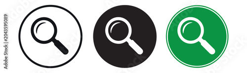 Magnifying glass icons set black outline solid and green circle design.