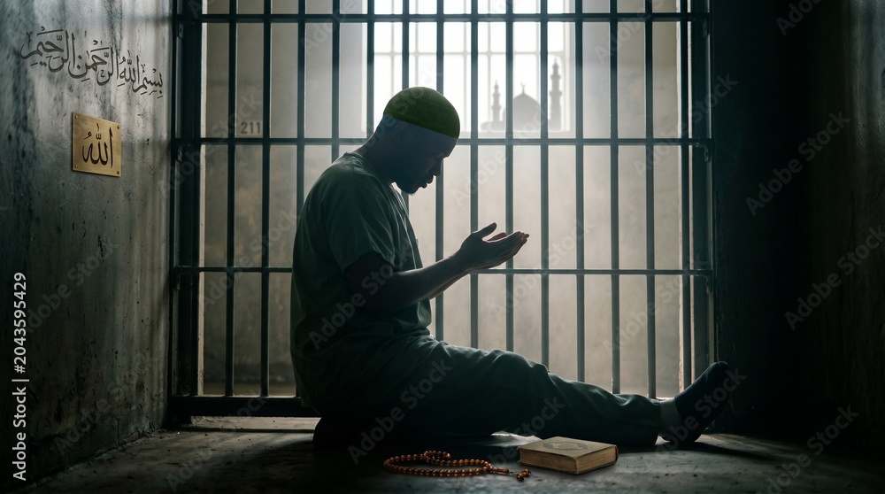 Fototapeta premium Silhouette of a person praying behind prison bars