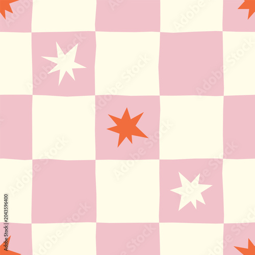 Checkered hand drawn vector seamless pattern with stars. Abstract textile design with geometric squares and celestial motif. Minimalist background for wallpaper, wrapping paper and textile