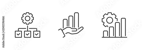 Obraz na płótnie A trio of black line icons: left shows a gear connected to three checkboxes, mid