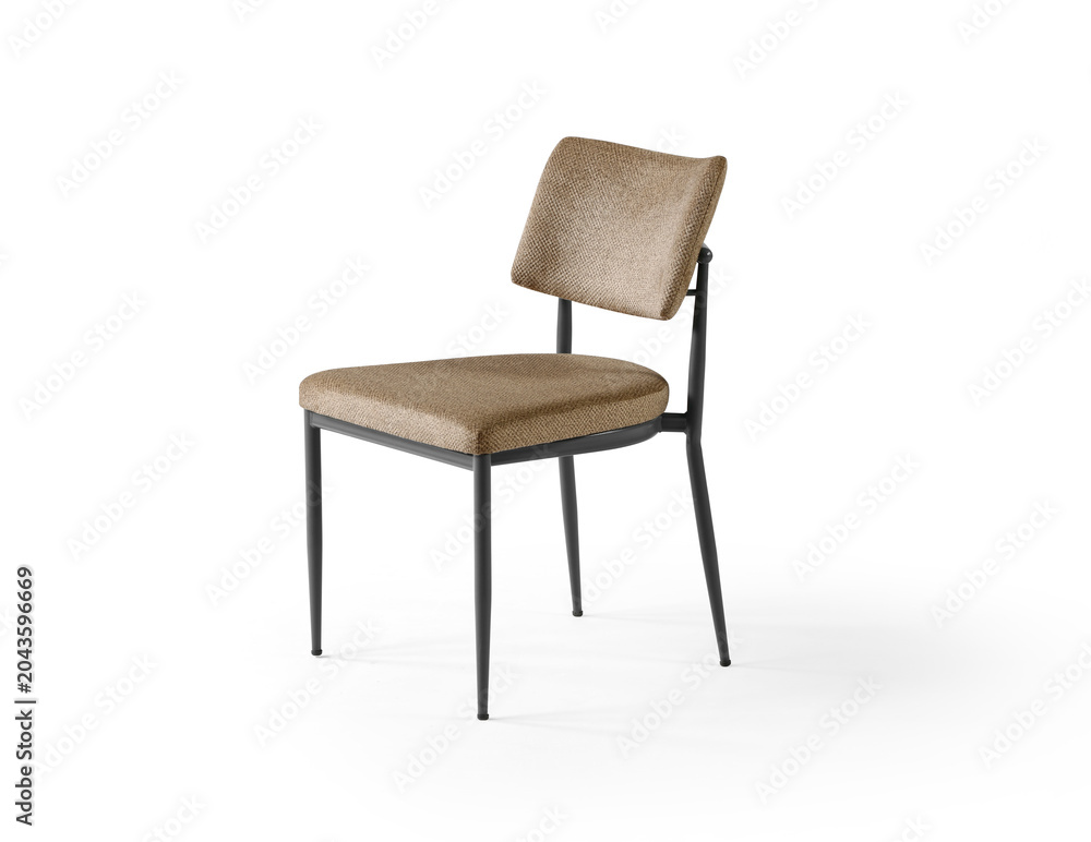 Obraz premium Two different angles of a modern minimalist chair with a black metal frame and brown textured fabric upholstery. isolated on white background.