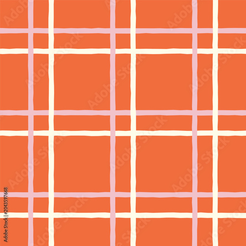 Abstract checkered pattern with hand drawn colorful lines. Decorative geometric background with rough stripe. Modern grid pattern for wrapping paper, prints, textile. Flat illustration