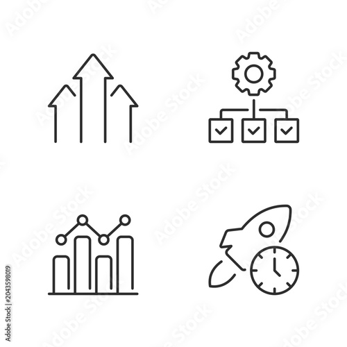 Four outlined icons depict upward arrows representing growth, a gear with a connected checklist symbolizing settings and workflow, a bar chart with a line illustrating data