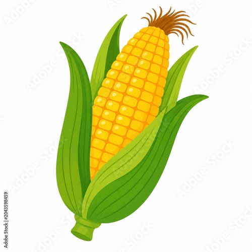 A vibrant illustration of a fresh ear of corn with green leaves