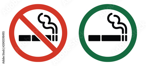 Fotografie No Smoking Signage, Forbidden Tobacco And Vape Icons, Restricted Area Symbols, Green Designated Smoking Space, Public Regulation Vector Design