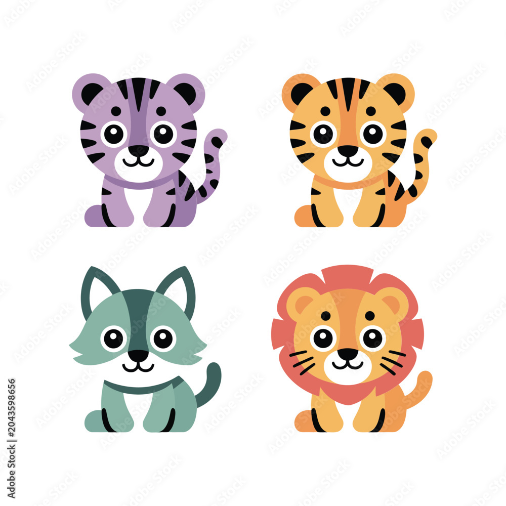 Fototapeta premium Safari Baby Animals With Tiger Leopard Wolf And Lion, Cubs, Modern Sticker Pack, Flat Vector Icons, Clipart Collection, Decorative Elements